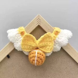 Crochet Cat Bib with Bow & Bell (Red / Yellow)