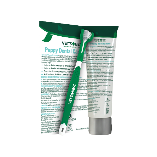 Back of VET’S BEST Puppy Dental Care Kit pack with toothpaste and toothbrush